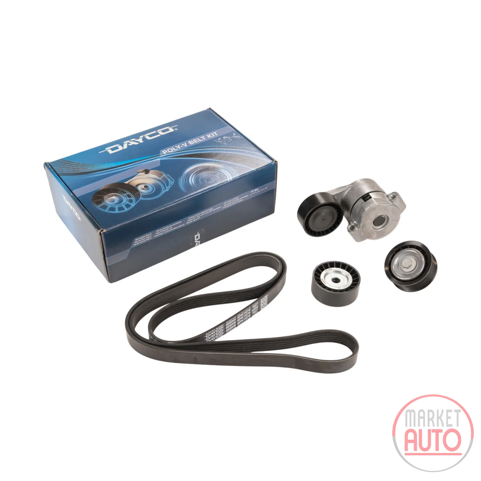 V-ribbed belt set with 2 pulleys and tension arm