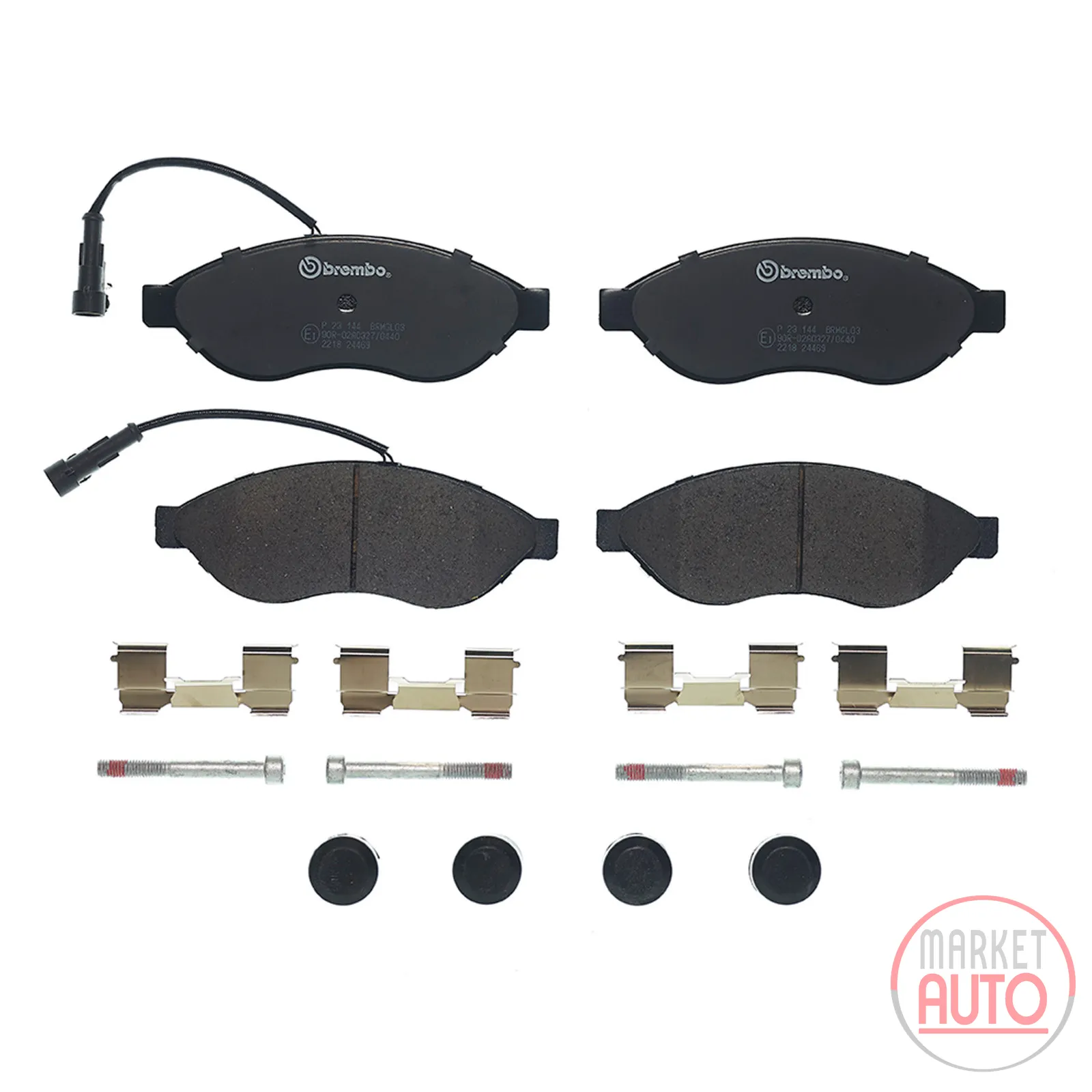 Front brake pads including 2x wear warning contact and with accessories Brembo